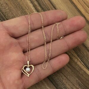 10K Yellow Gold Necklace 18 Inch with 10K Heart & Pearl Pendant